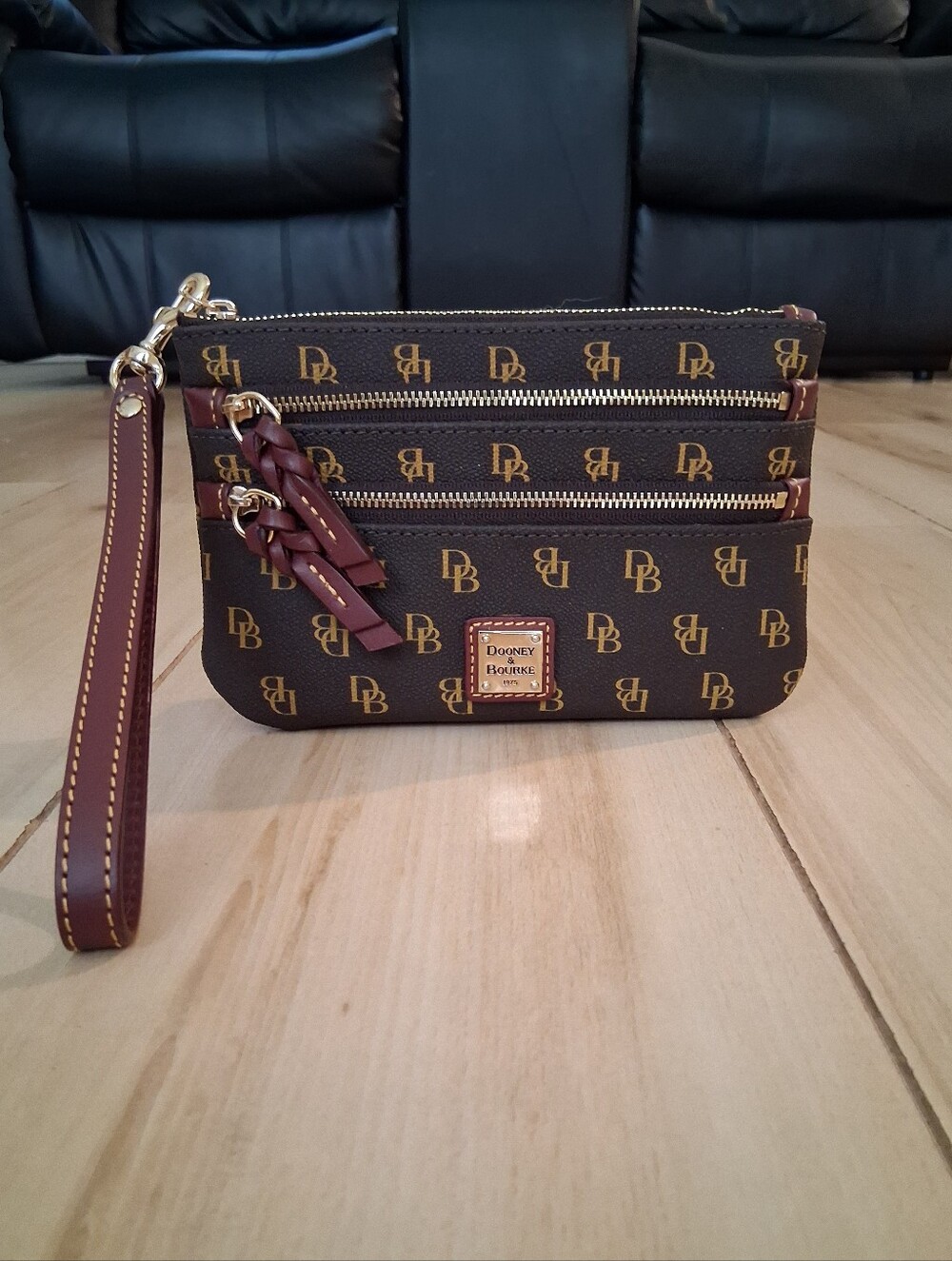 Dooney & Bourke Bordeaux Logo Wristlet with Gold Hardware Three Compartments